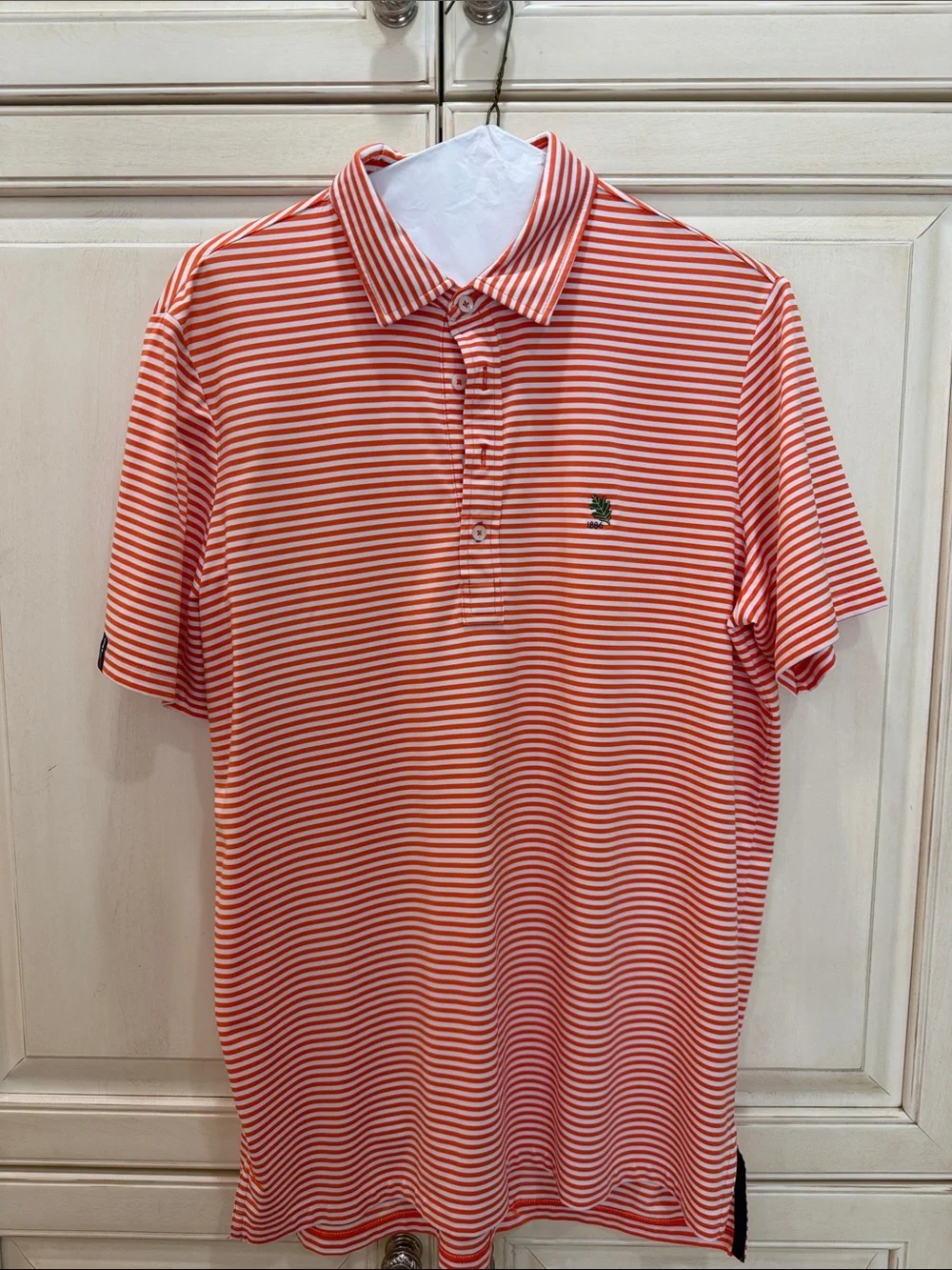 Ralph Lauren Orange and White Striped Short Sleeve Polo with Tuxedo Club logo